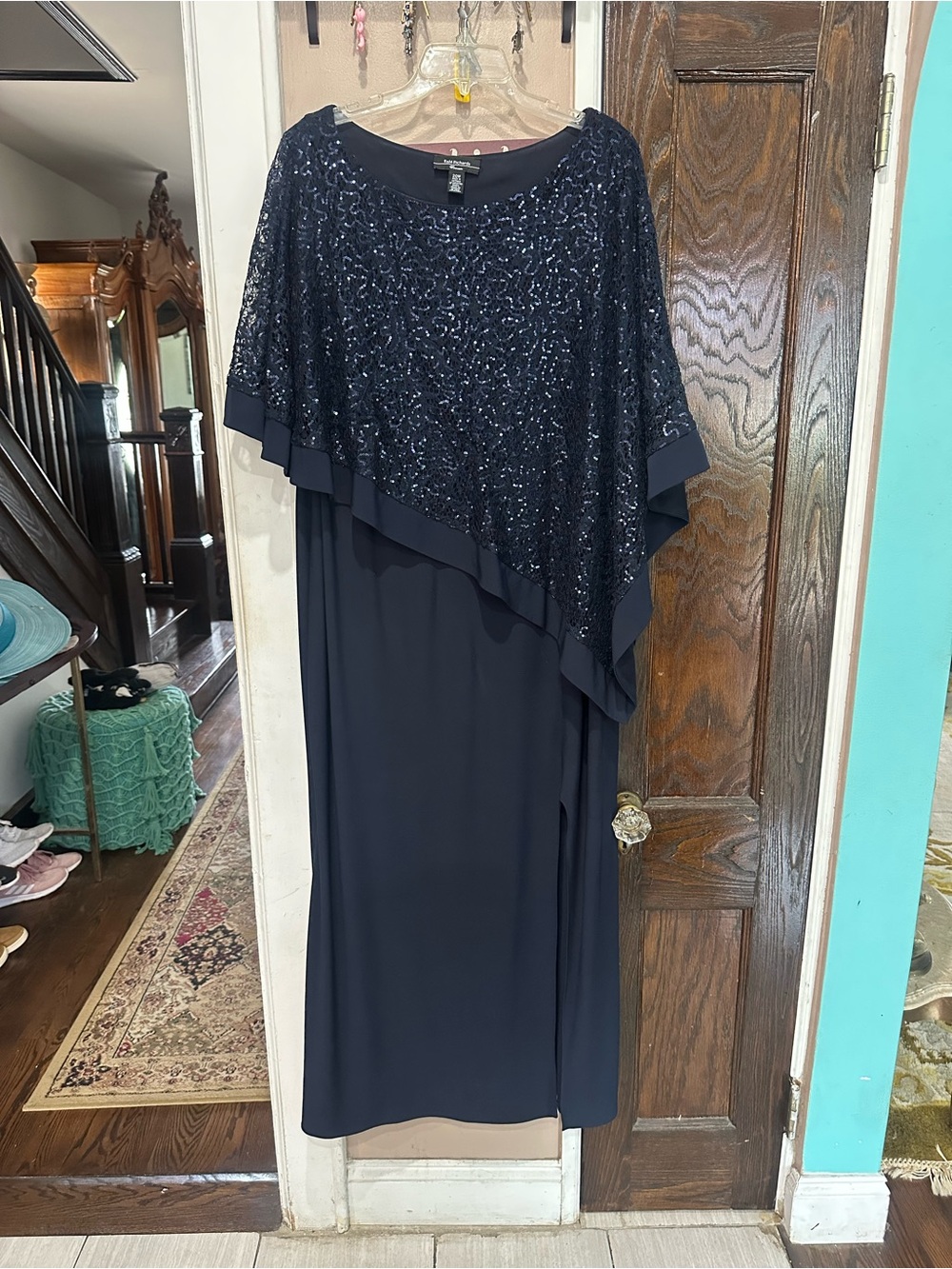 R&M Richards Navy Sequin Capelet Maxi Gown